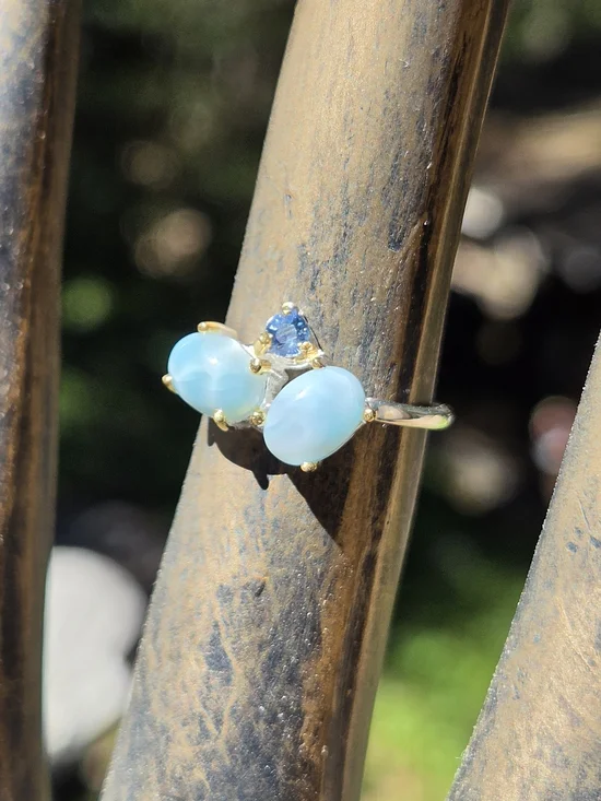 Larimar & Sapphire Sterling & Gold Ring Sz6 - Picture 4 of 8